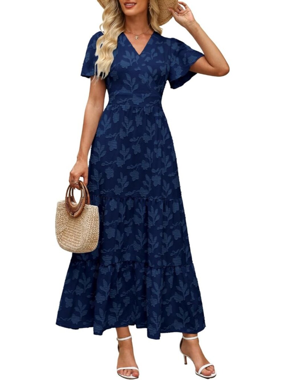 Women's Navy Short Flutter Sleeve V Neck Boho Floral Imported Maxi Dress